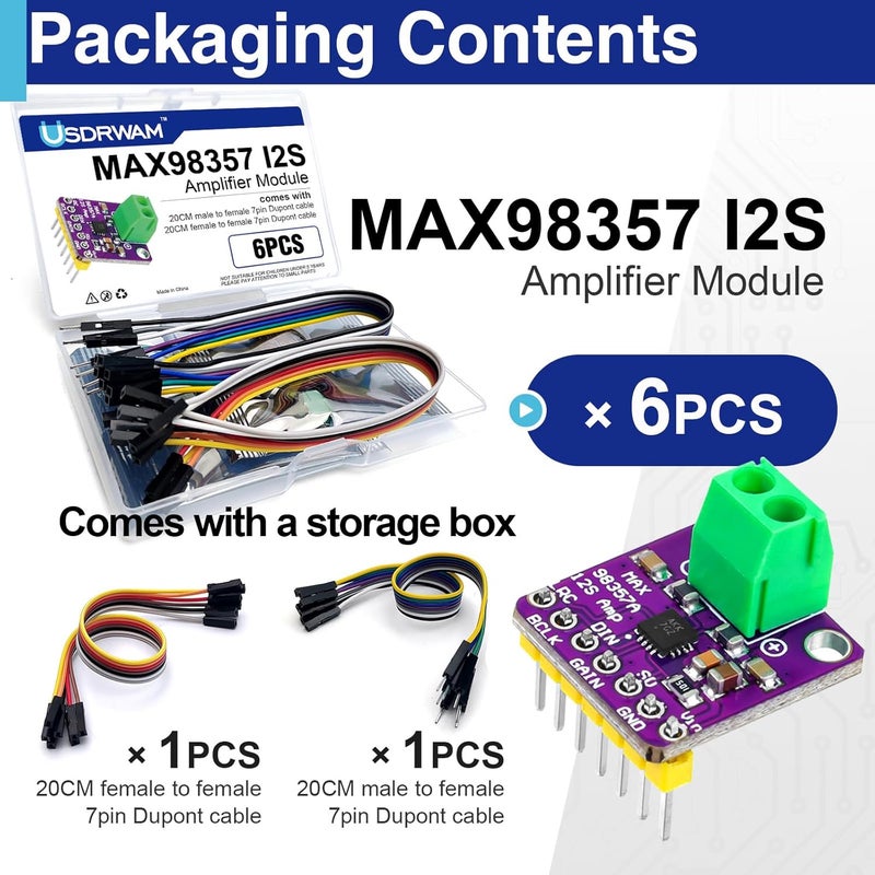 Usdrwam 6Pcs MAX98357 I2S 3W Class D Amplifier Breakout Board, MAX98357A Interface I2S DAC Decoder Module Filterless Audio Decoder for Raspberry Pi, for ESP32, for Arduino Zero - Image 3